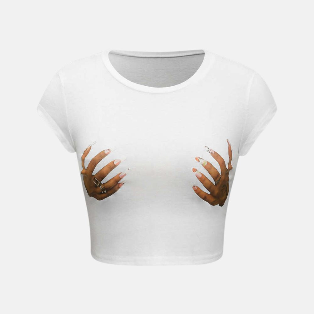 Camiseta Cropped Feminina Estampada Hands branca