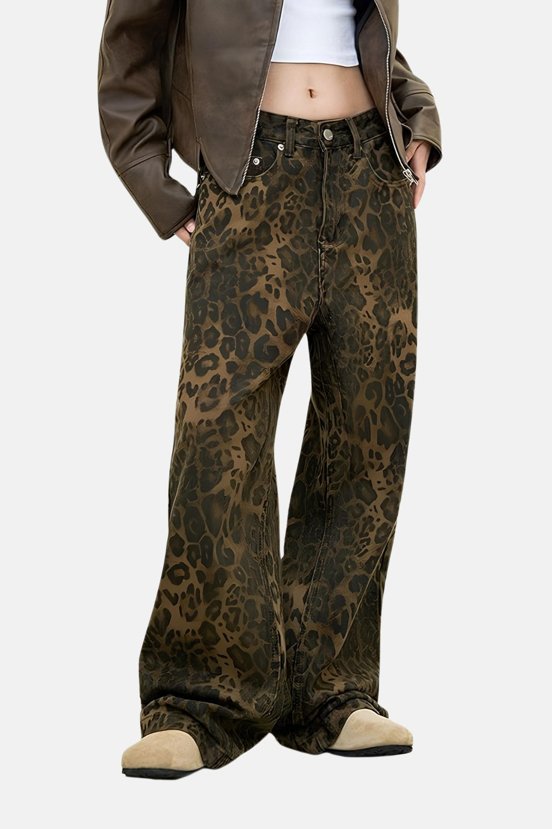 frente Calca Jeans Wide Leg com Estampa de Leopardo