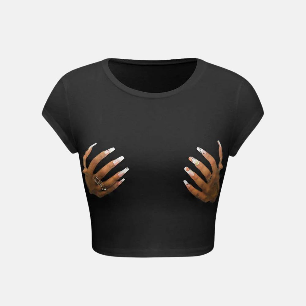 camiseta cropped feminina estampada hand preta